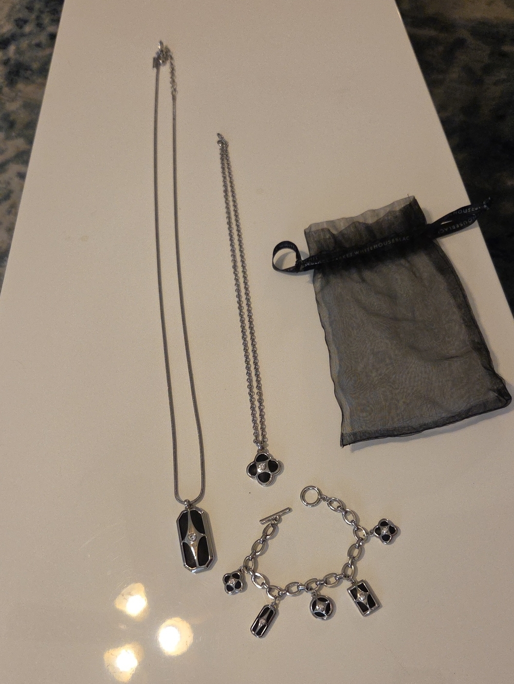 WHBM Silver Tone and Black Leather Pendant Necklaces and Charm Bracelet Set